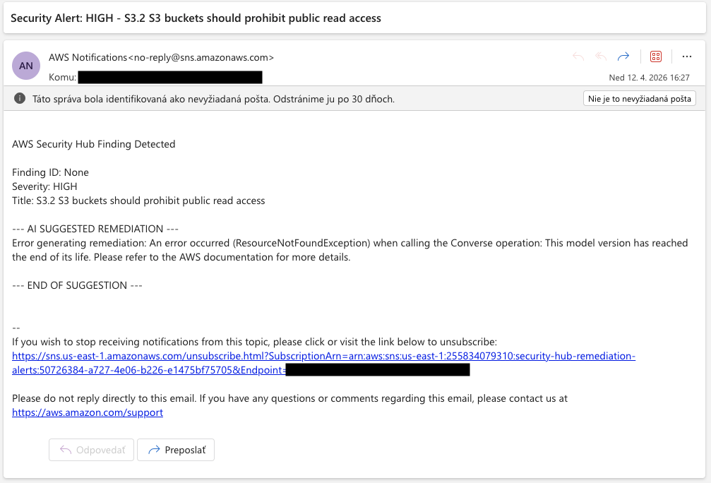 Actual security alert email with AI-generated Terraform remediation
