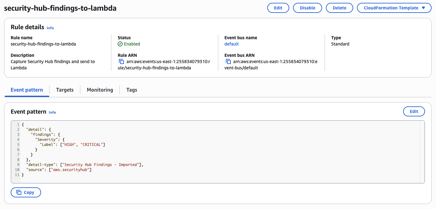 EventBridge rule filtering for HIGH and CRITICAL Security Hub findings