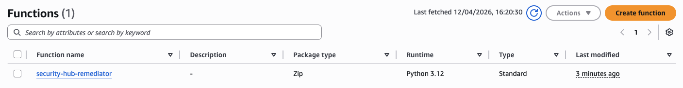 The security-hub-remediator Lambda function in AWS Console
