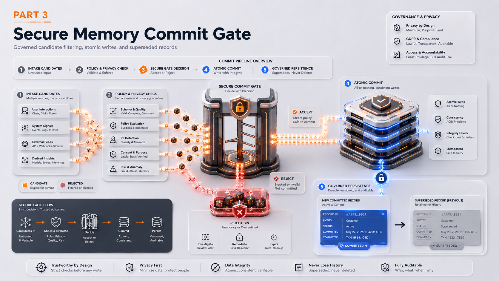 From RAG to Memory Systems — Part 3: Write Path & Governance — Secure Memory Commit Gate with governed candidate filtering, atomic writes, and superseded records