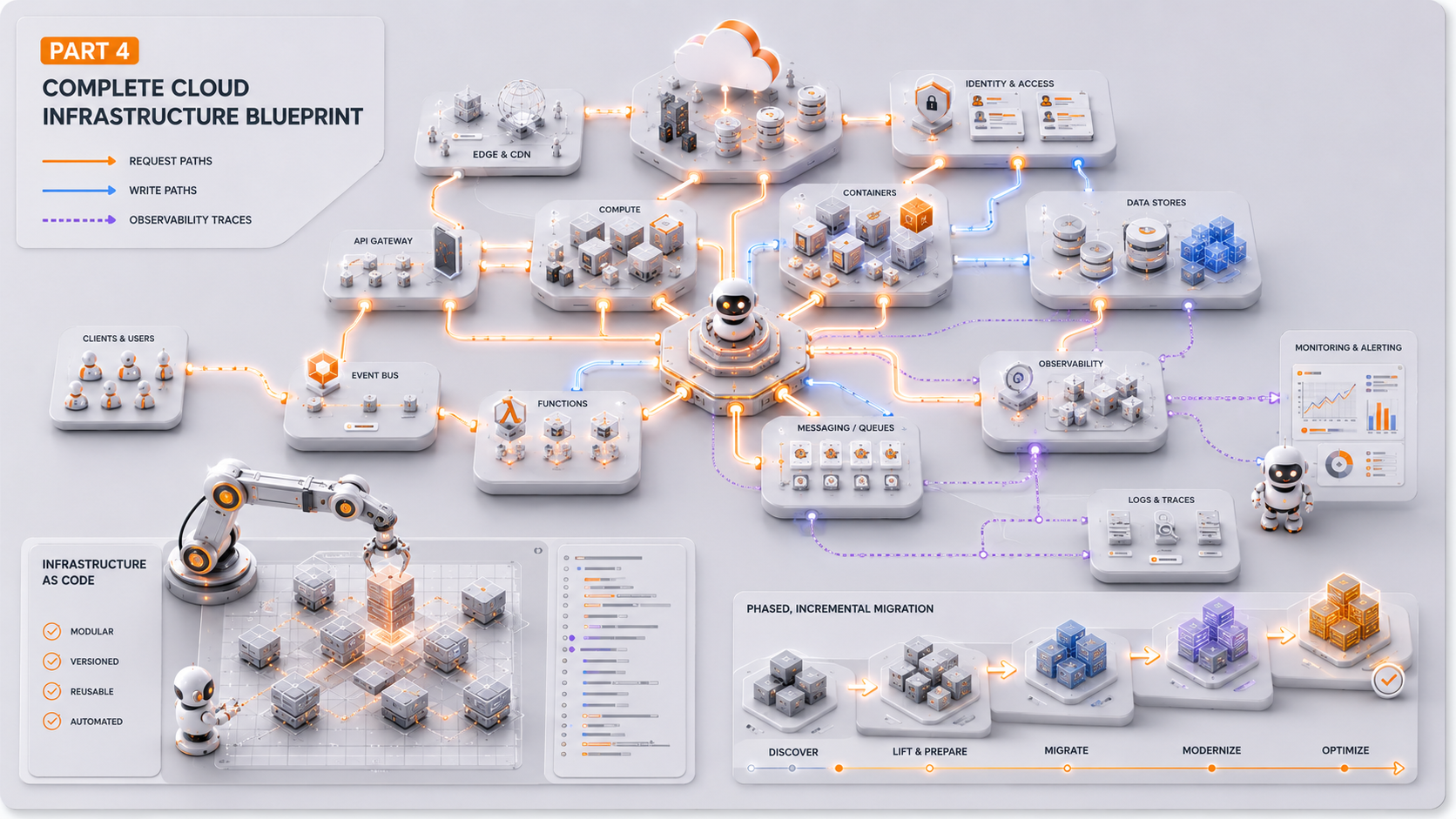 From RAG to Memory Systems — Part 4: Implementation — Complete Cloud Infrastructure Blueprint with request paths, write paths, observability traces, and phased migration