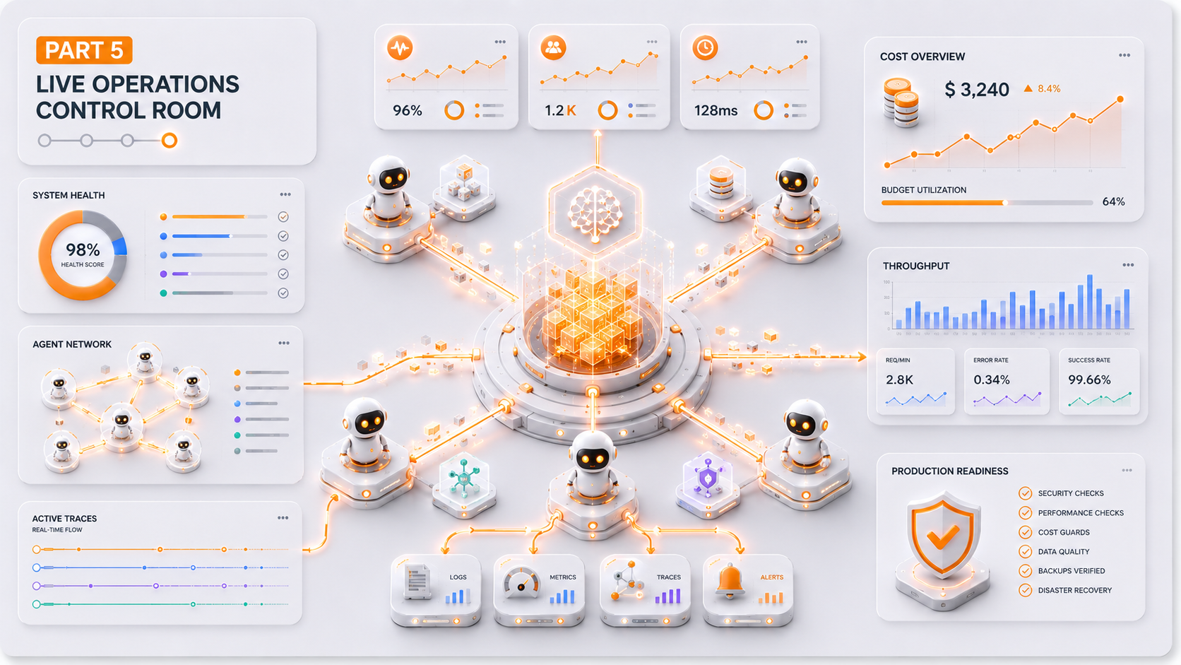 From RAG to Memory Systems — Part 5: Running It in Production — Live Operations Control Room with system health, cost overview, agent network, throughput metrics, and production readiness checklist