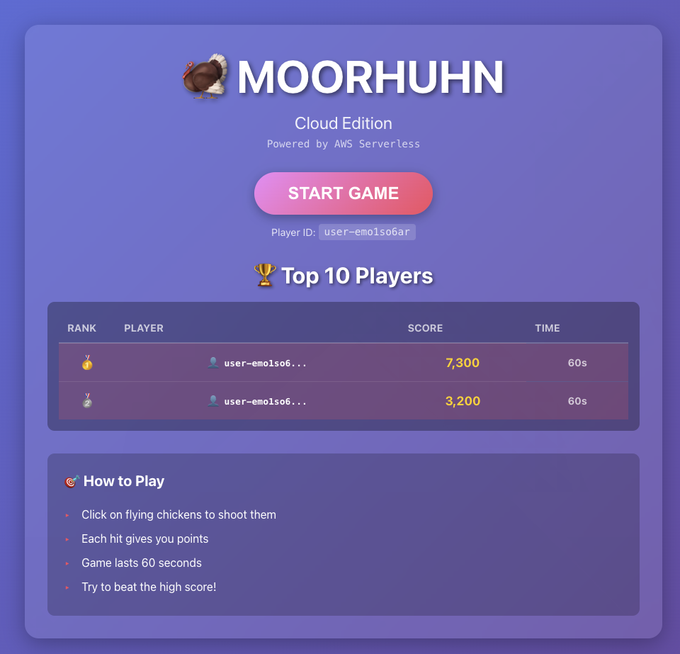 Moorhuhn Game Main Menu and Leaderboard