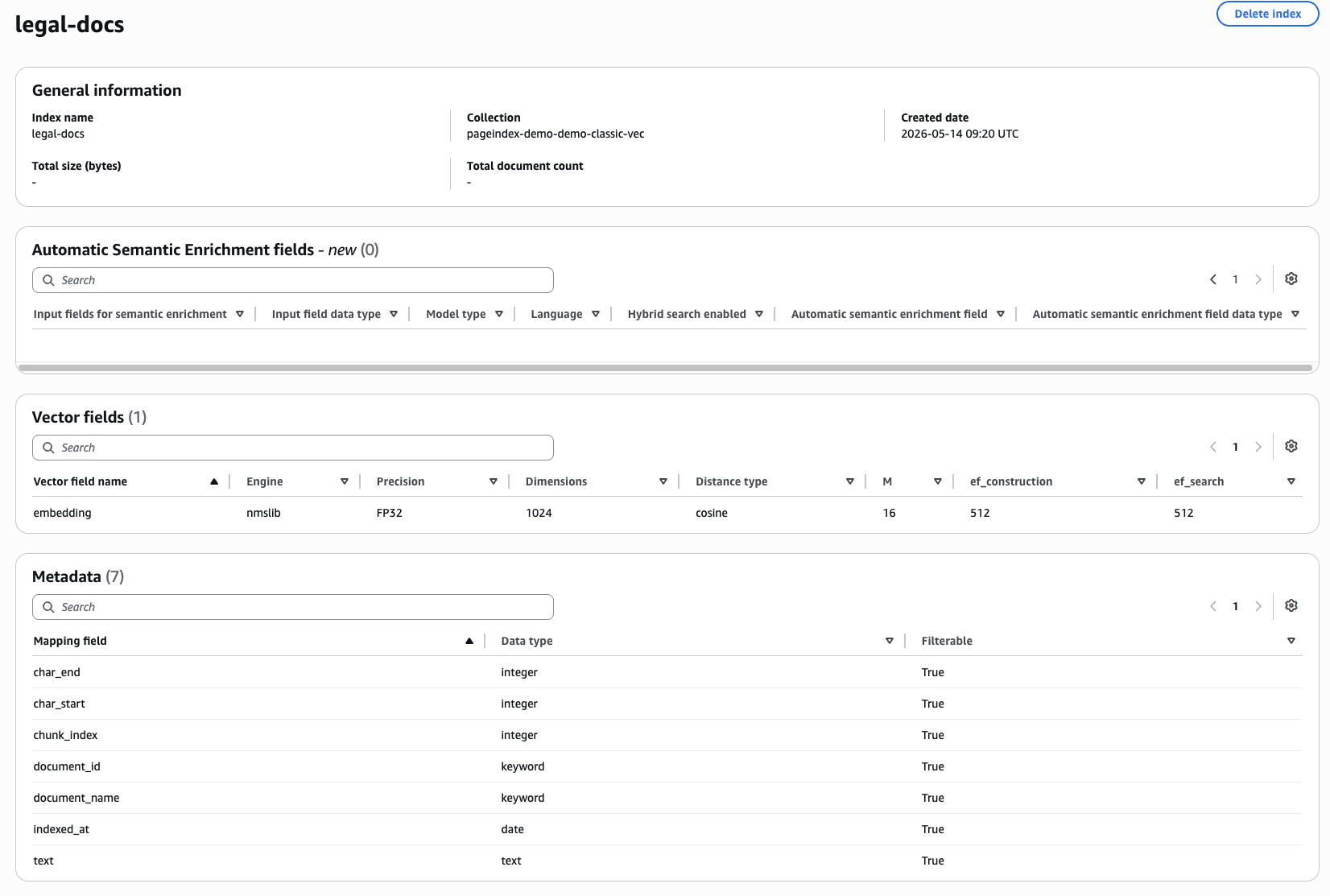 OpenSearch Serverless — legal-docs index
