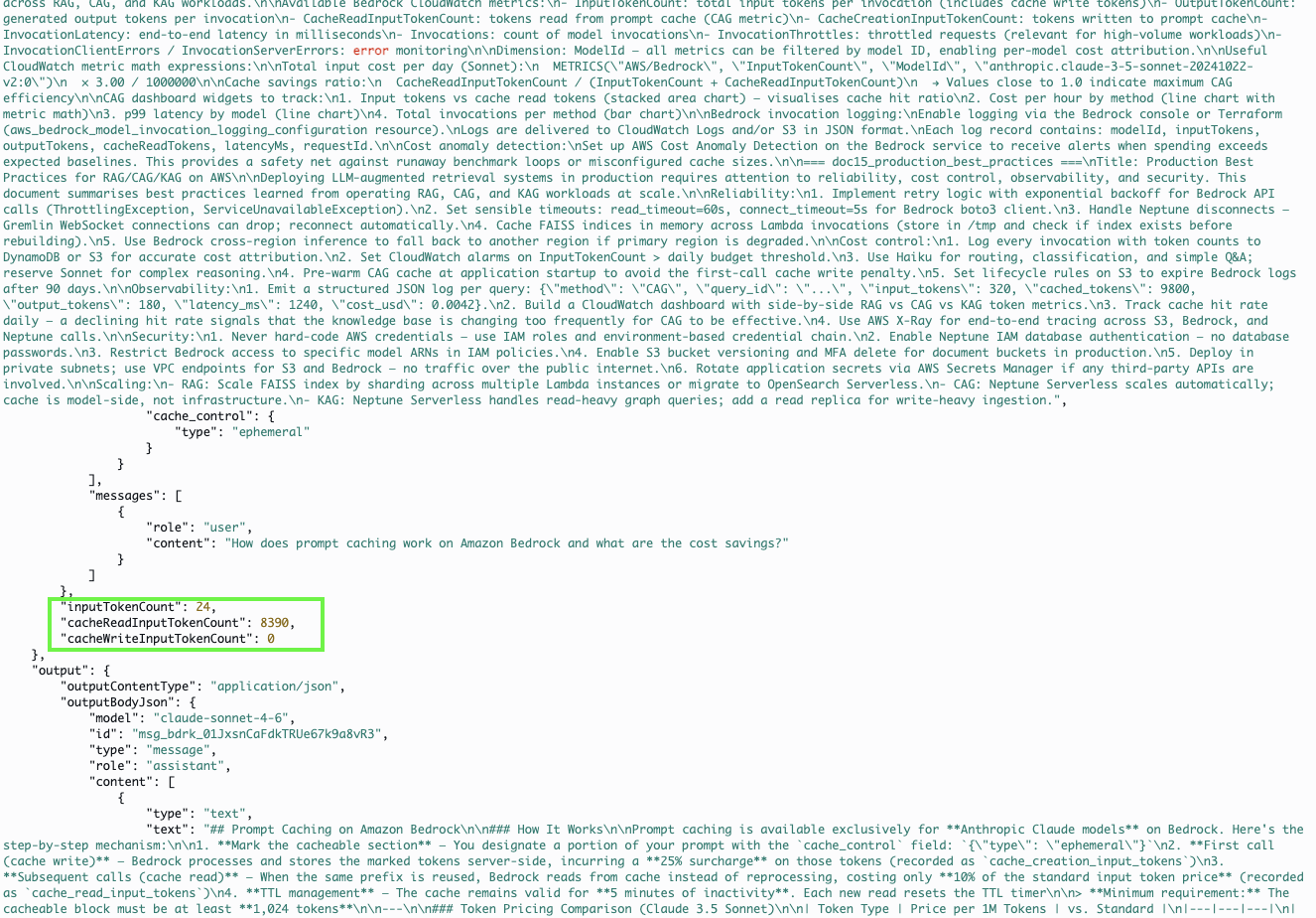 Amazon Bedrock CloudWatch invocation log — prompt caching in action