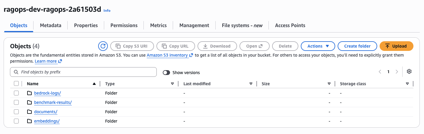 Amazon S3 bucket structure — ragops-dev-ragops-2a61503d