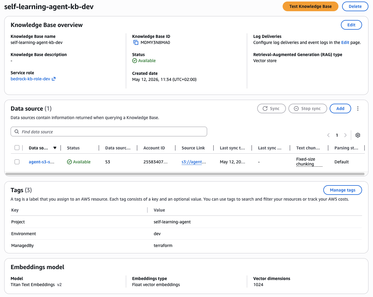 Amazon Bedrock Knowledge Base — self-learning-agent-kb-dev — AWS Console