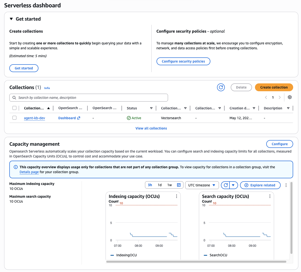 OpenSearch Serverless dashboard — agent-kb-dev collection — AWS Console