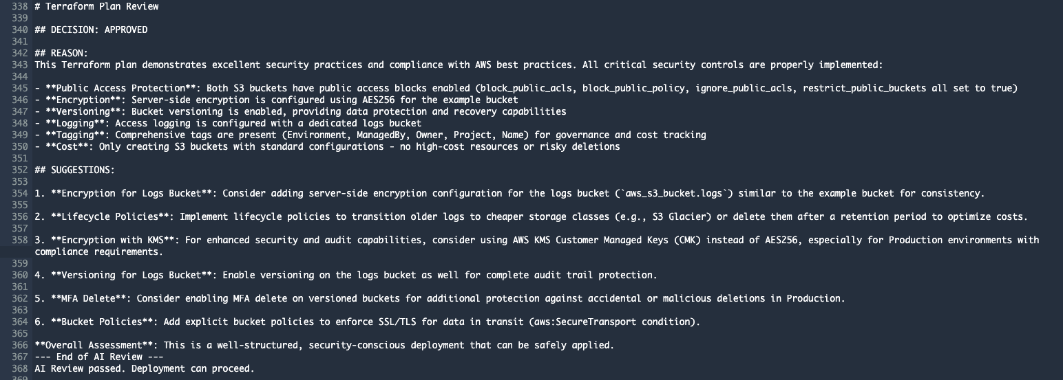 Detailed AI review output with approval and improvement suggestions