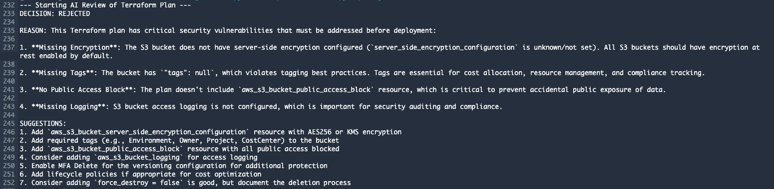 Detailed AI review output with rejection reasons