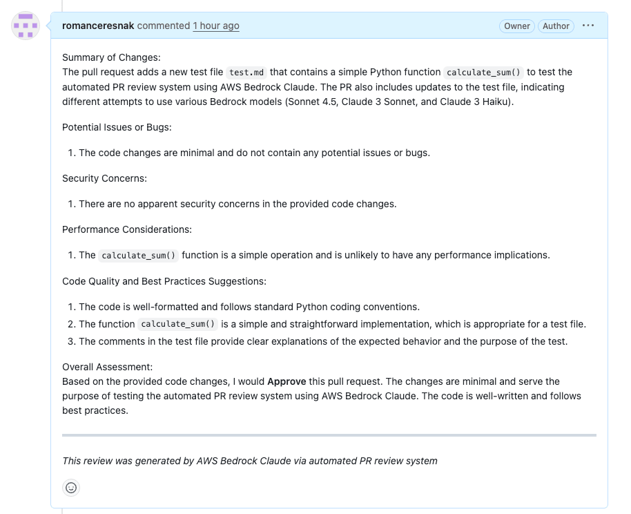 AI-generated PR review comment from AWS Bedrock Claude 3 Haiku showing detailed analysis of code changes